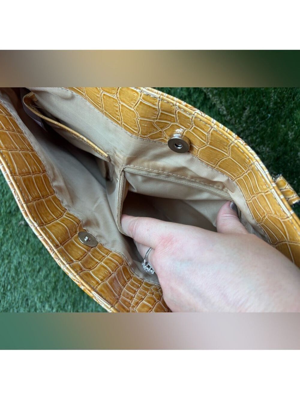 LIKE NEW Embossed Reptile Pattern Embossed Yellow Fashion Tote Bag - Picture 4 of 16